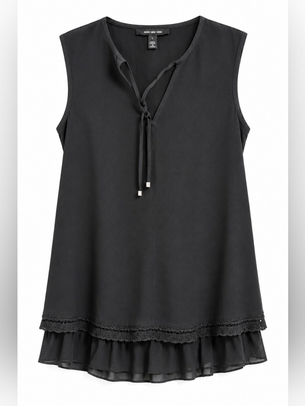 Long Tall Sally Women's Tall Black Sleeveless Tie Neck Blouse Sheer Hem Size L